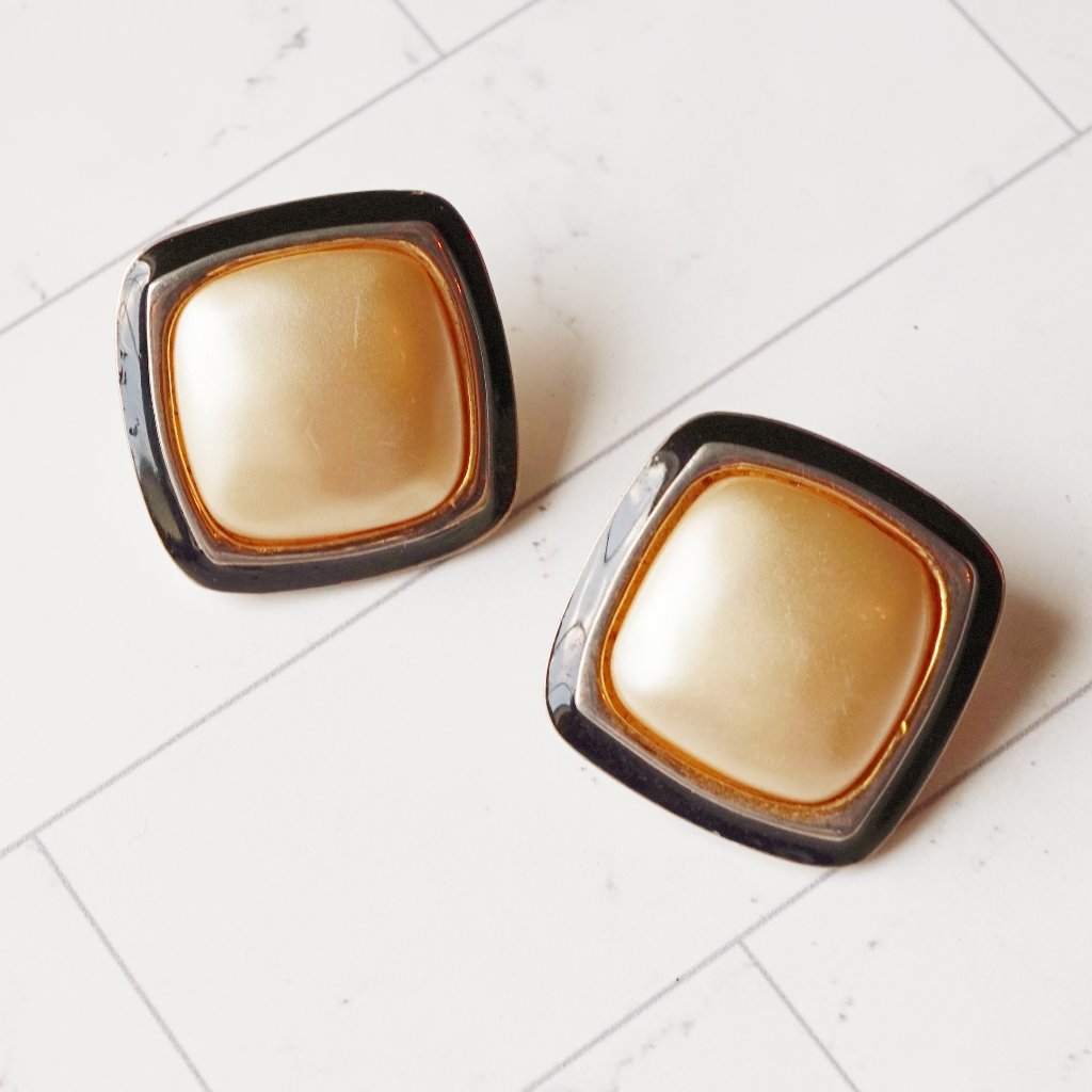 Vintage 1980s Carolee Puffy Faux Pearl Square Clip-On Earrings